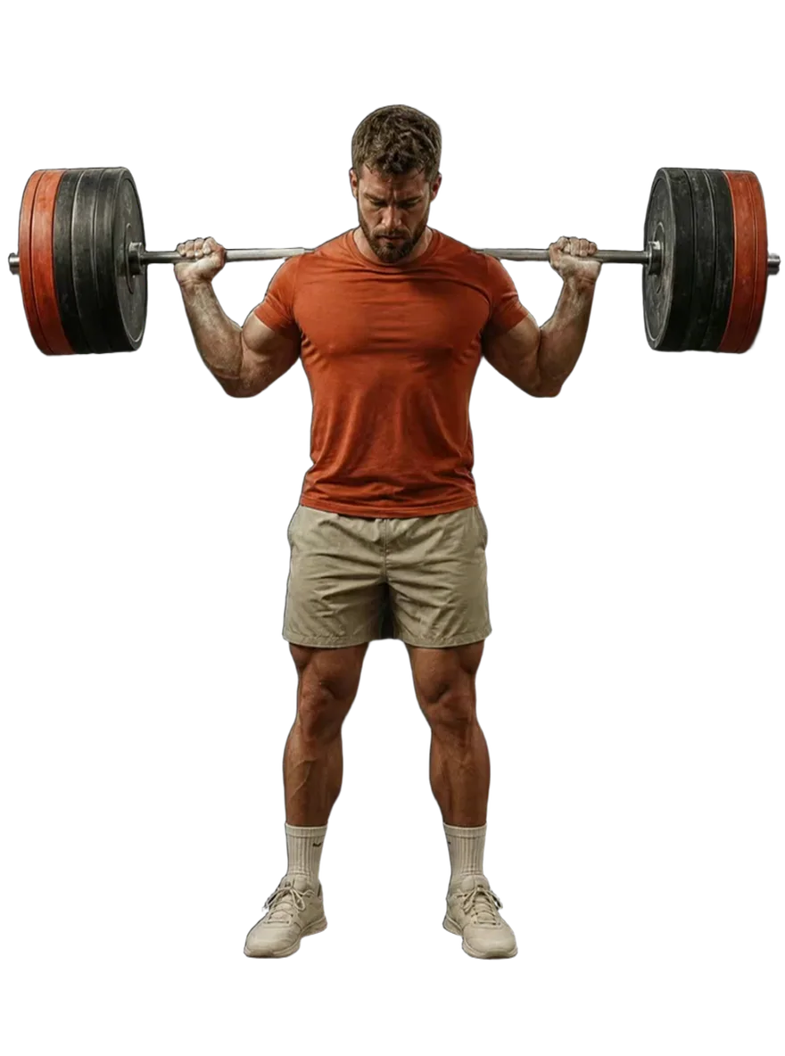 A lifter pressing a loaded barbell overhead in place, in front of the word STRONG